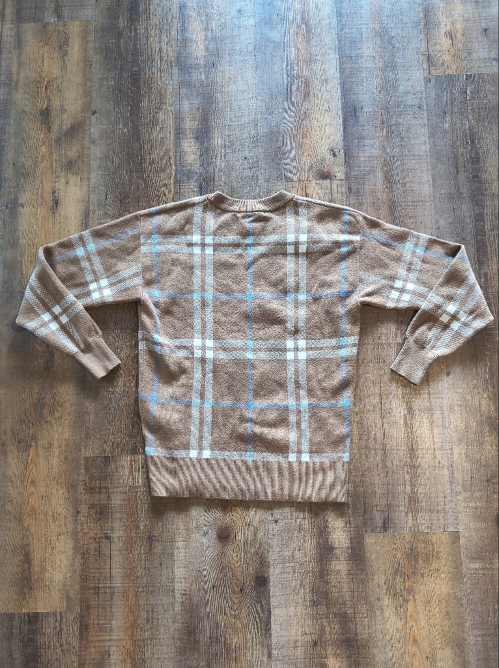 Tahari Tan White Blue Striped Plaid Crewneck Long Sleeved Fall Sweater Size S - Picture 5 of 7